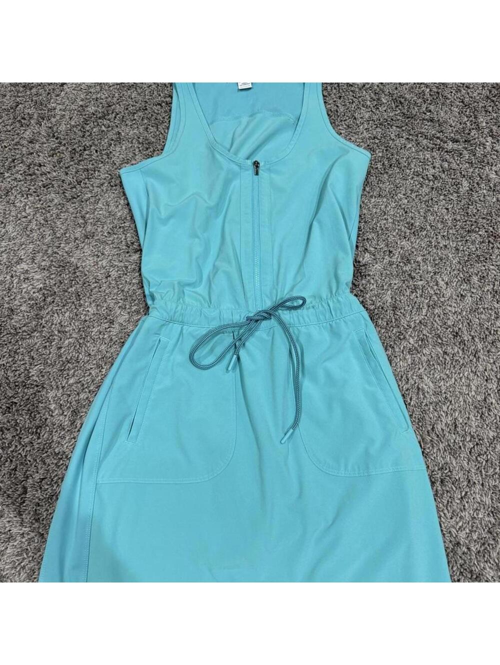 Light Blue Sleeveless Dress with Front Zipper and Drawstring